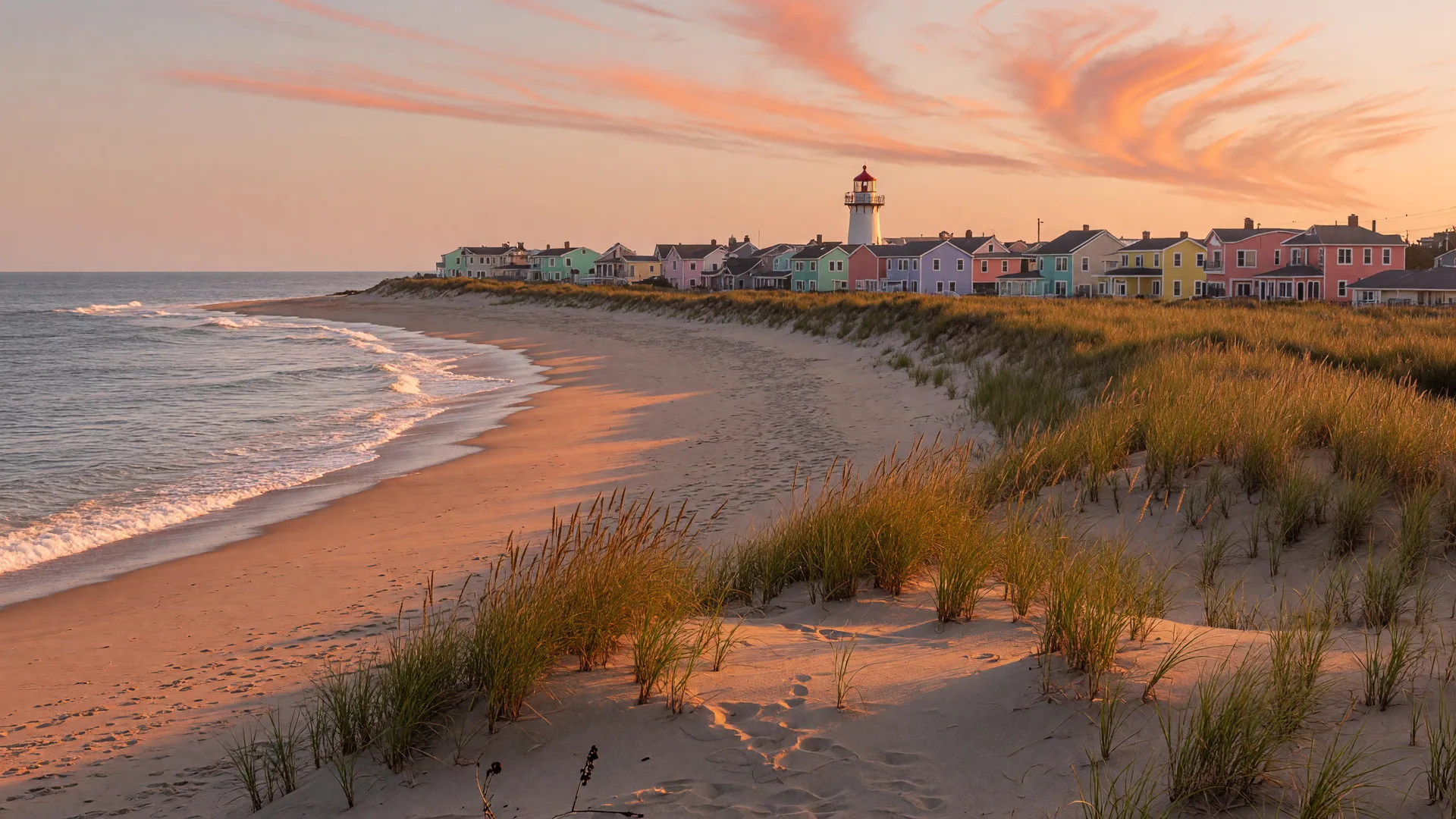 A sweeping view of the Delaware coast with homes along the shoreline