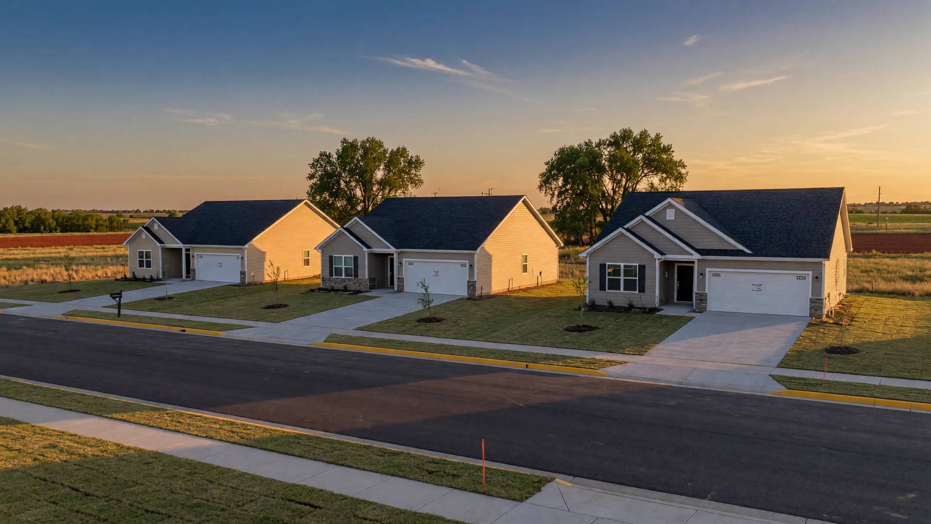 Three newly built homes on large grassy homesites in Elgin, Oklahoma at golden hour