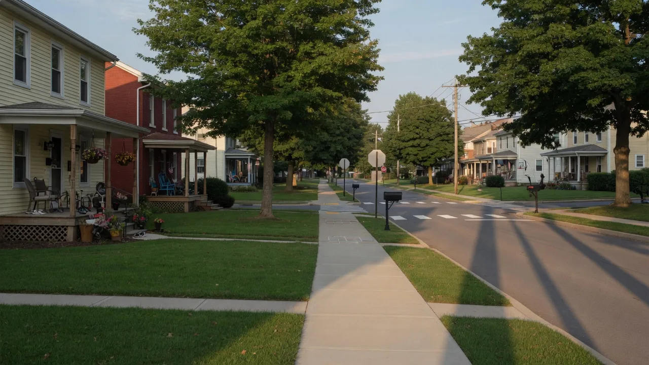 Quiet sidewalk-lined residential street in Sinking Spring, Pennsylvania