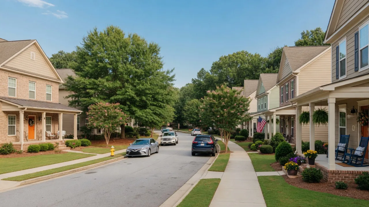 Tree-lined suburban street in a Metro Atlanta community