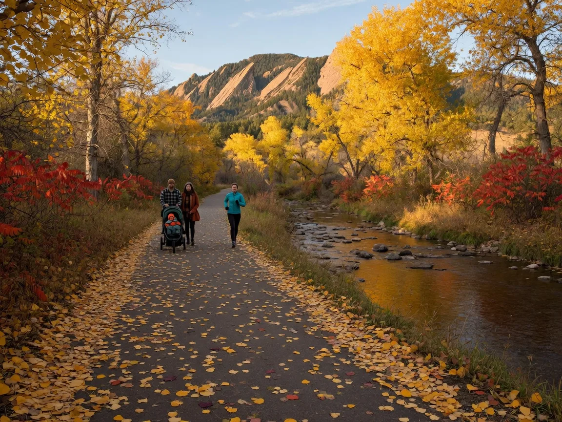 A 4:3 editorial photograph looking north down a leaf-strewn stretch of the Boulder Creek Path on a late October afternoon, with red sumac and golden cottonwoods on the banks, a jogger and a couple with a stroller in the middle distance, and the ochre Flatirons ridge rising behind the treetops