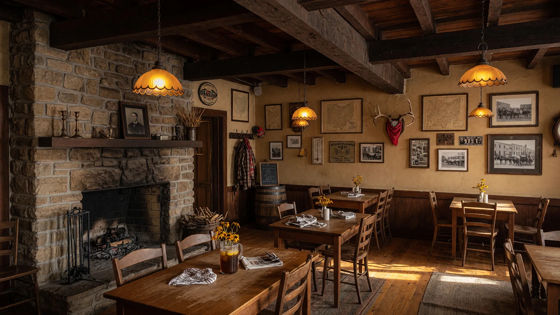 The cozy rustic interior of Stone House Tavern in Waynesville Ohio with a stone fireplace, dark wooden beams, and warm amber pendant lighting