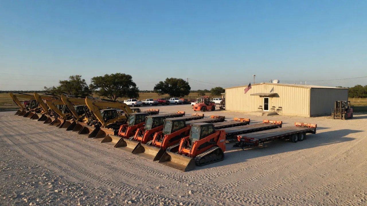 Commercial equipment rental yard with construction machinery in rural Texas under bright afternoon light