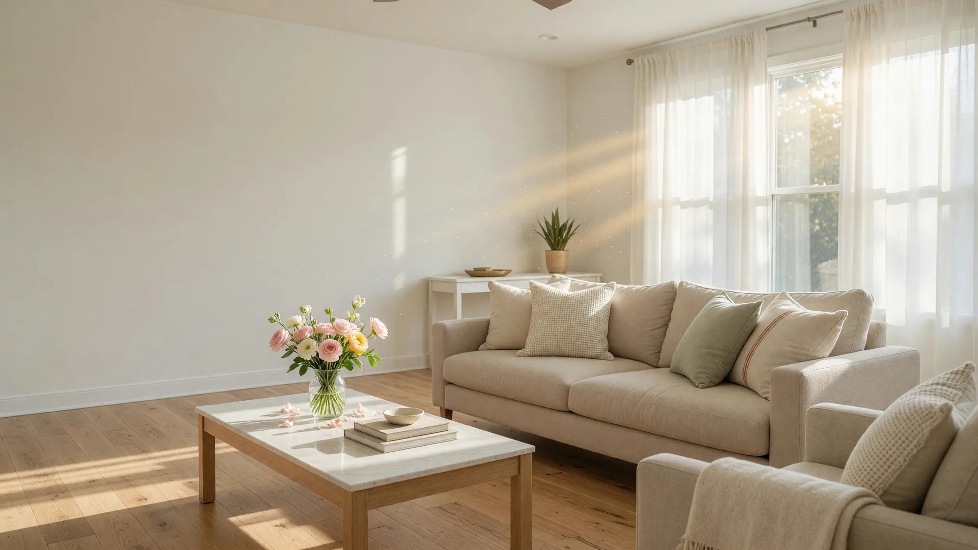 A bright, freshly staged living room ready to show on a sunny morning