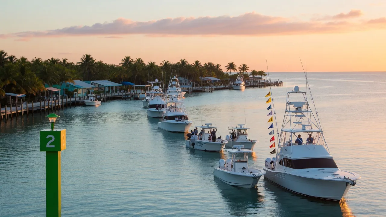 A Florida Keys sportfishing tournament morning at dawn, a fleet of sportfishing yachts and center-console boats motoring out of a marina channel past a green channel marker, pennant flags at the mastheads, golden sunrise light over turquoise water