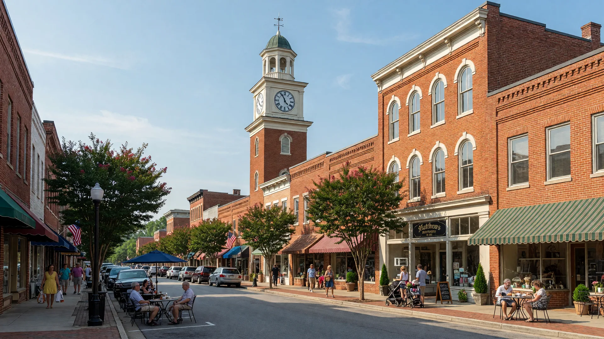 Historic downtown Matthews NC with brick storefronts and clock tower