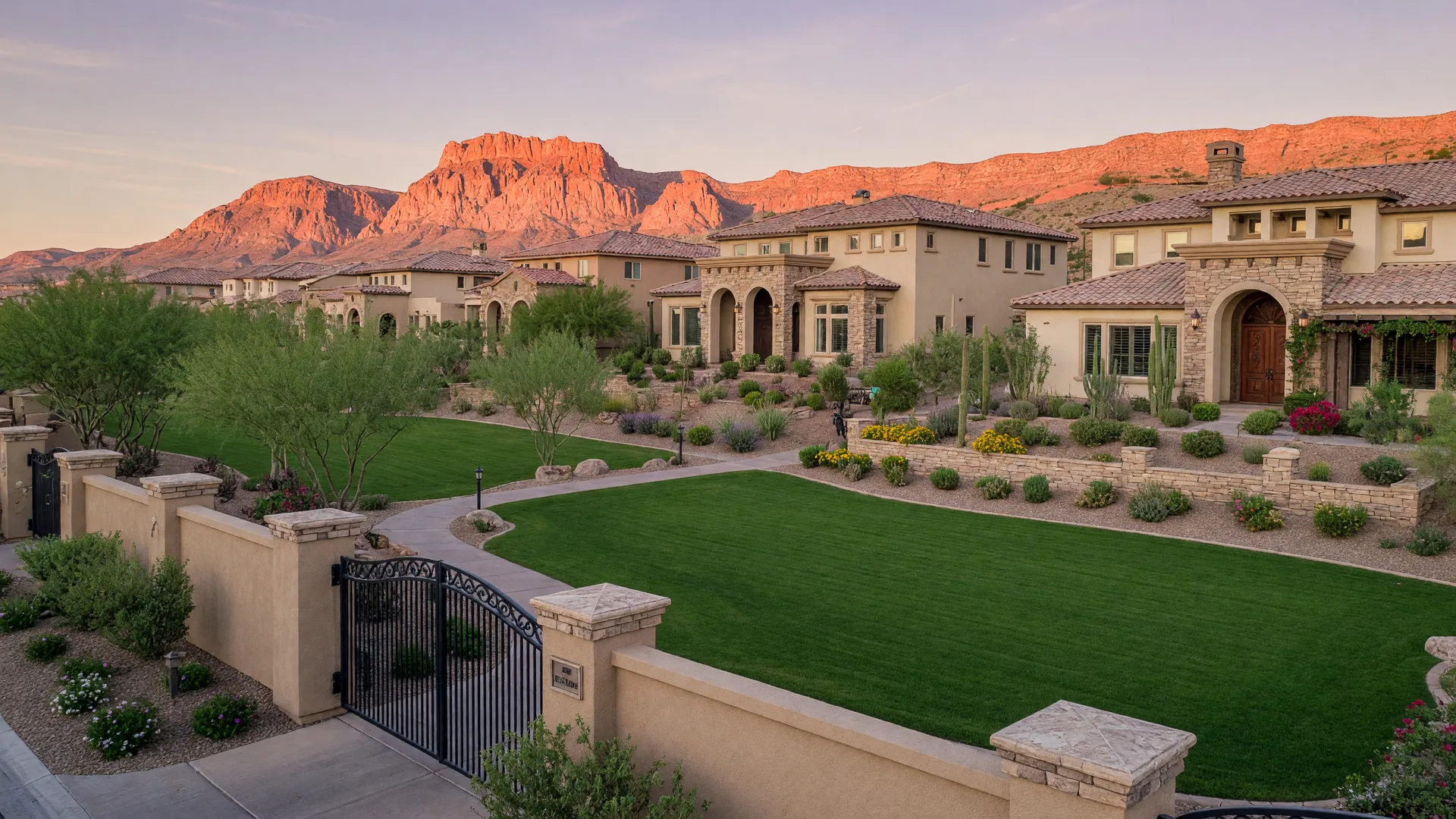 Refined single-story stucco homes with stone accents and arched entries on elevated lots overlooking a landscaped village green in a gated Summerlin neighborhood