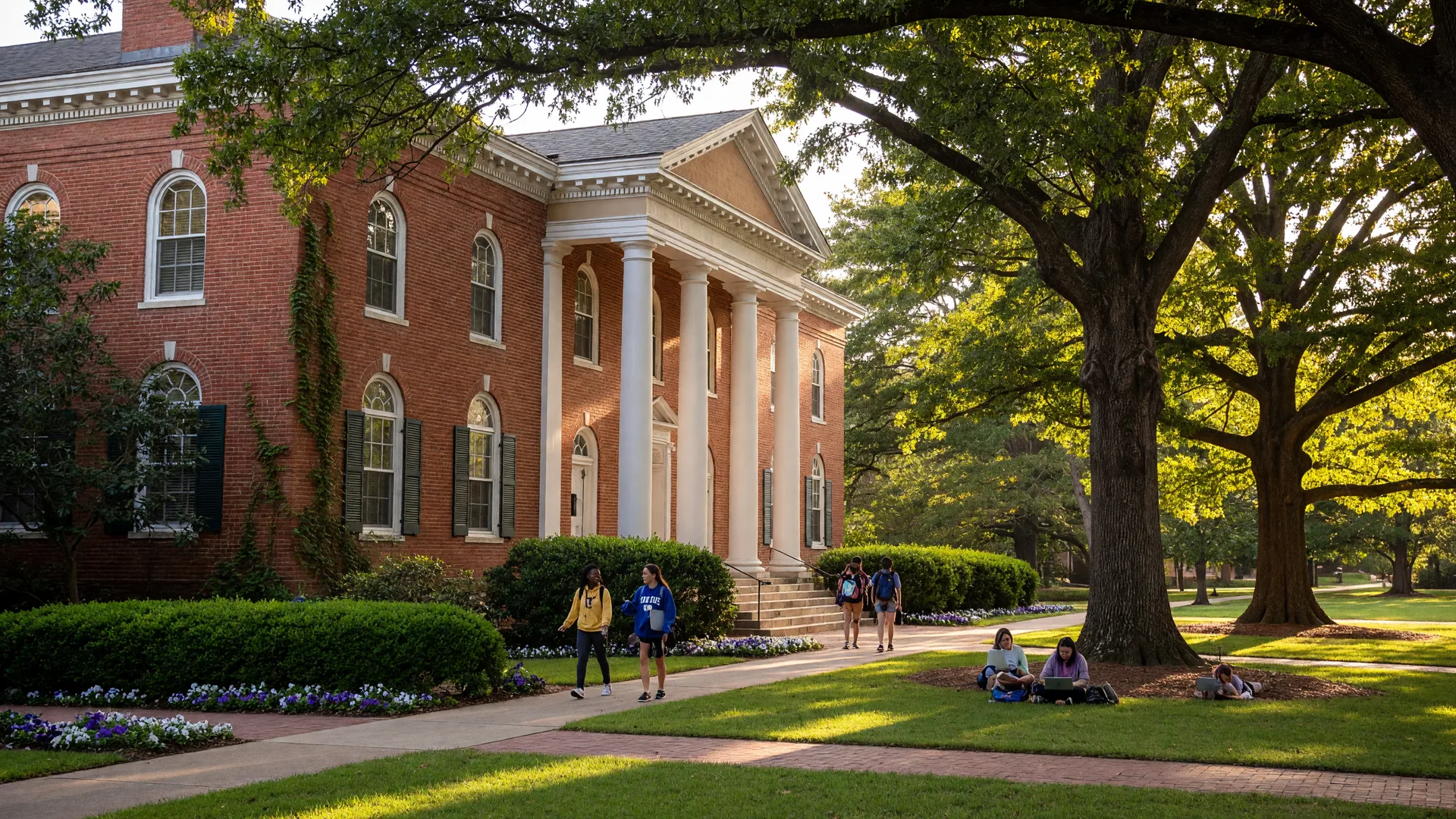 Traditional red brick academic building in Durham, NC with oak trees and campus pathways