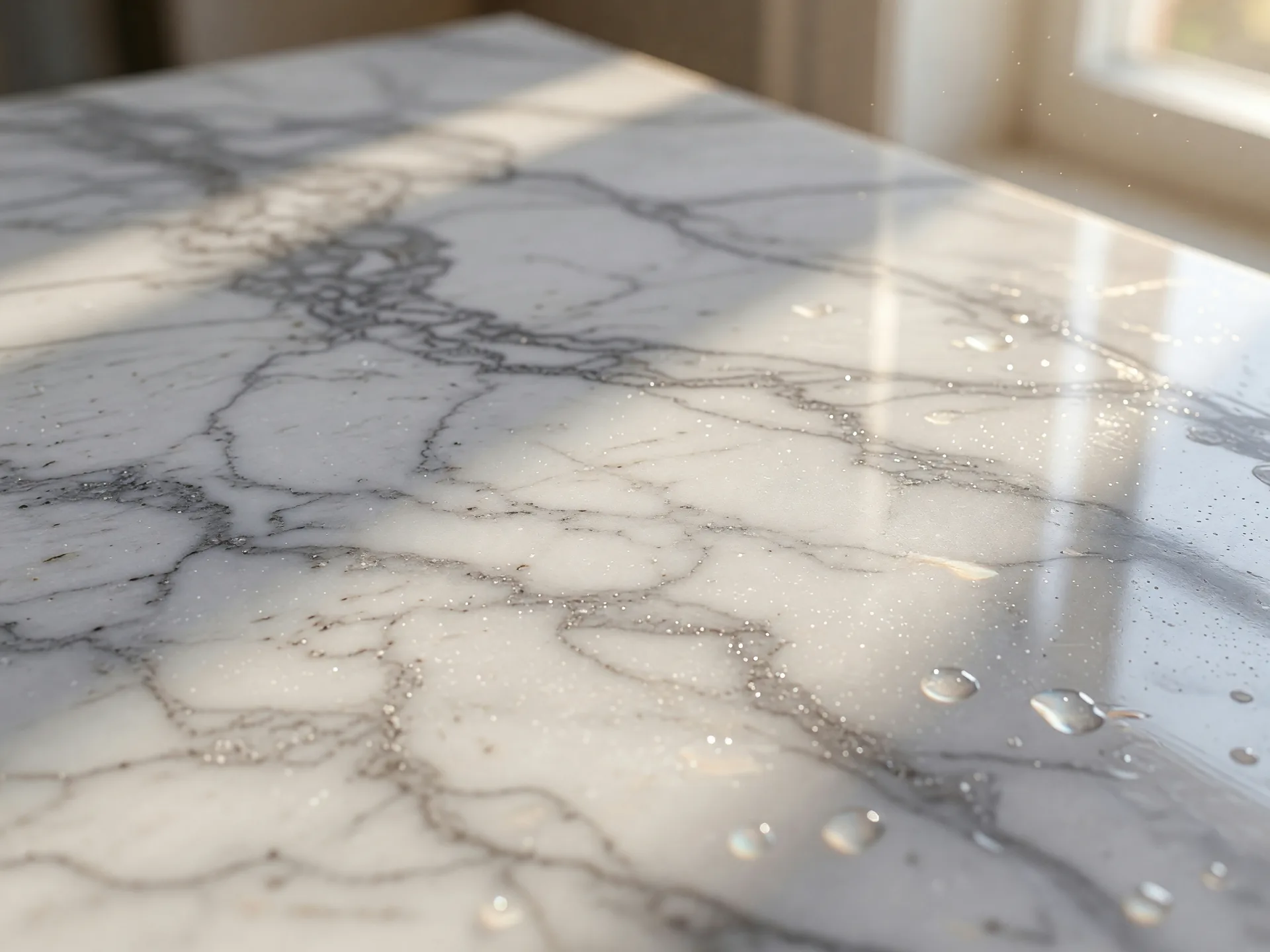 White marble countertop with subtle veining, polished surface