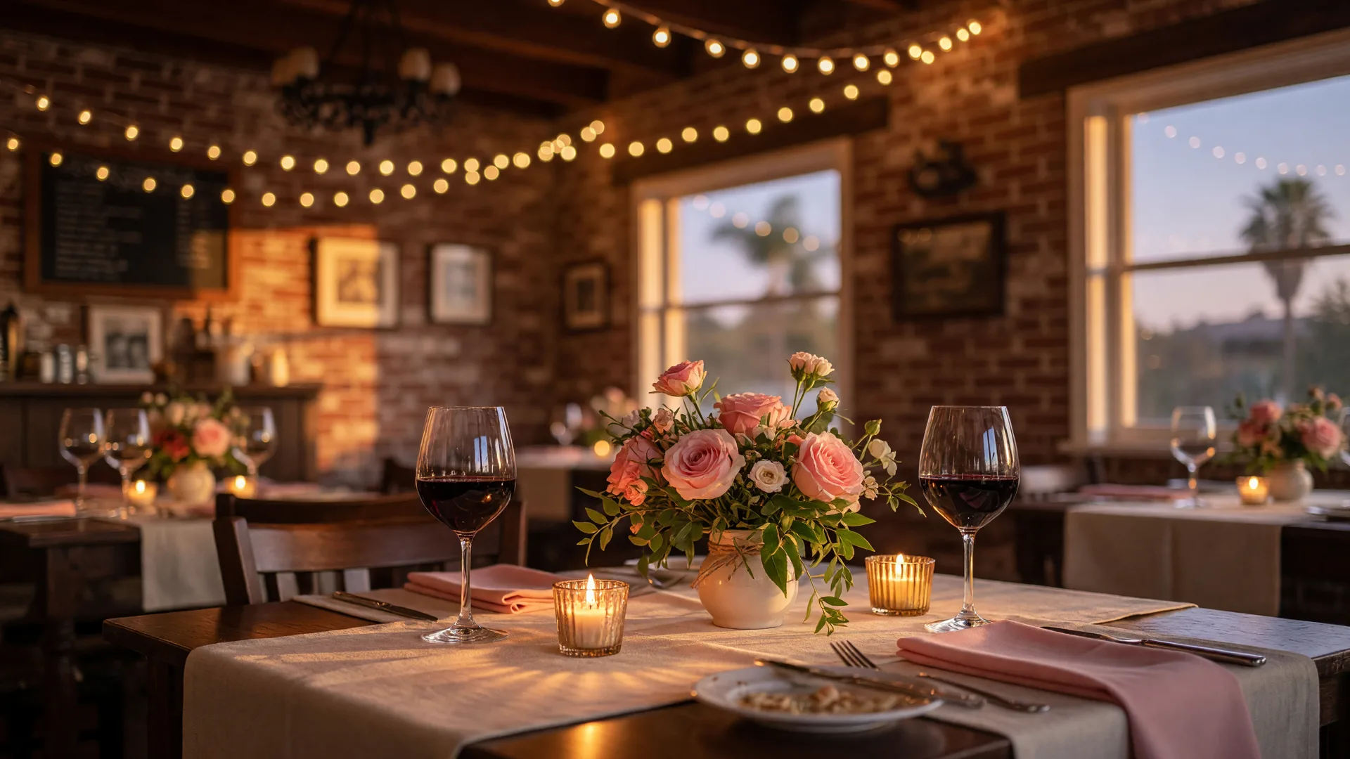 An intimate date-night dinner table for two with wine and candles in a warm Murrieta bistro at dusk