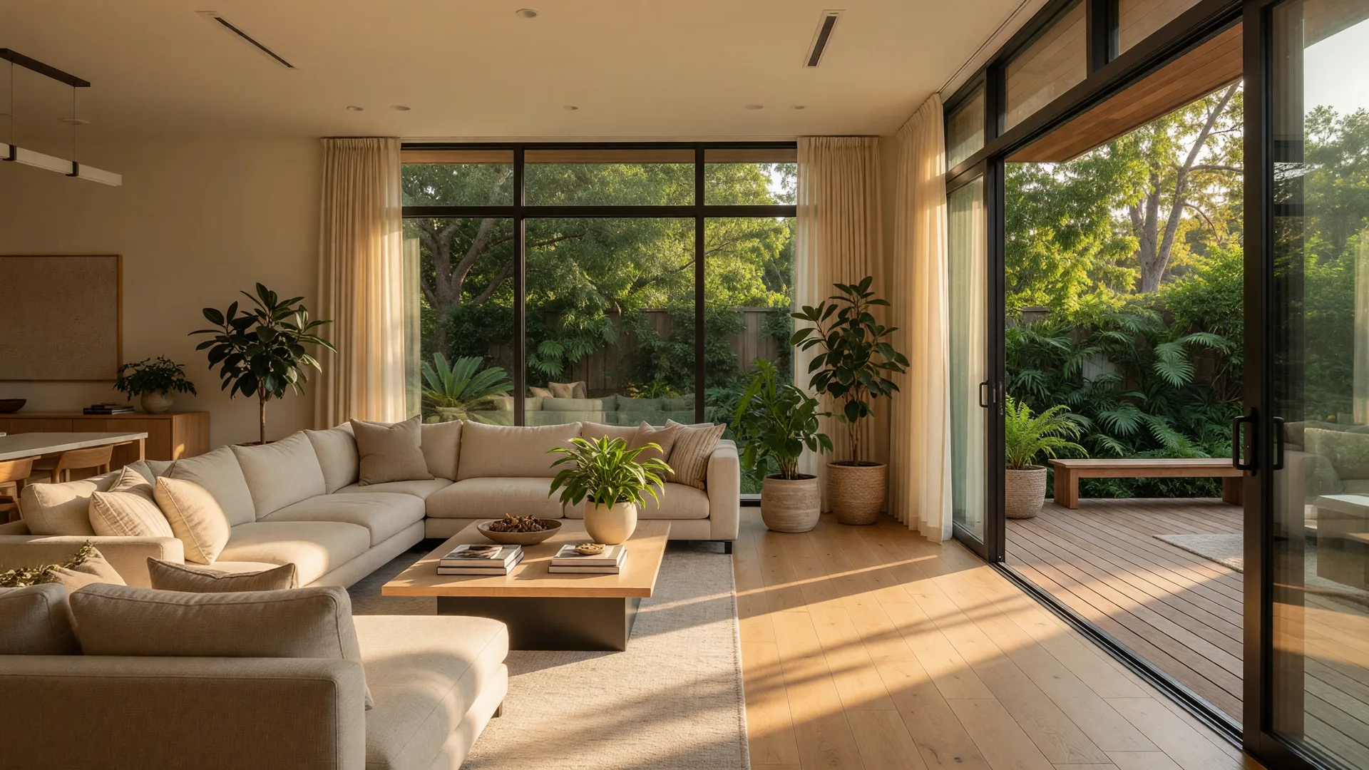 A bright modern home interior with floor-to-ceiling glass windows opening onto a patio