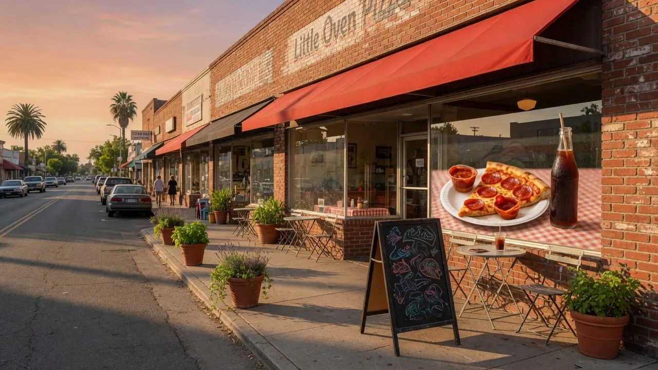 Little Oven Pizza storefront at 433 West Main Street in downtown Merced, California featuring a brick facade with red awning, large windows, outdoor bistro tables, and warm golden-hour light