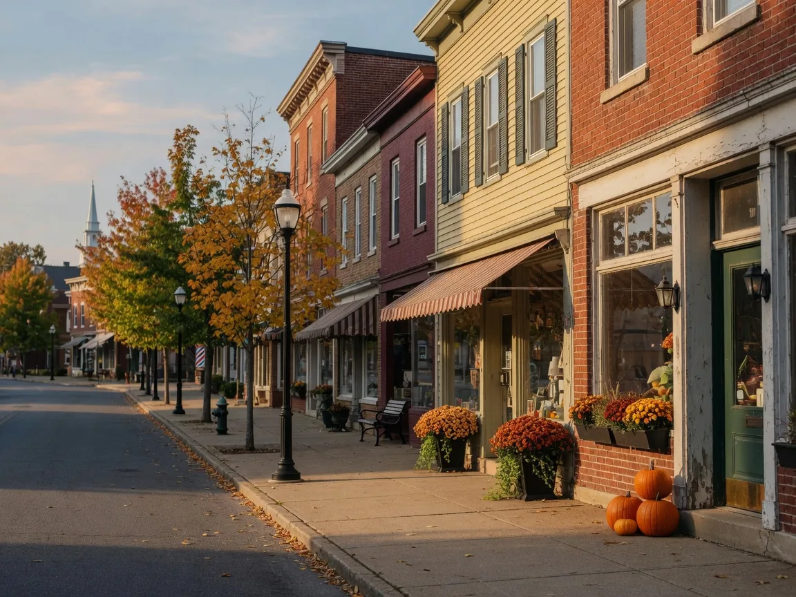 A small-town main street in early October with brick storefronts, potted mums, and stacked pumpkins beside a shop door under warm late-afternoon light