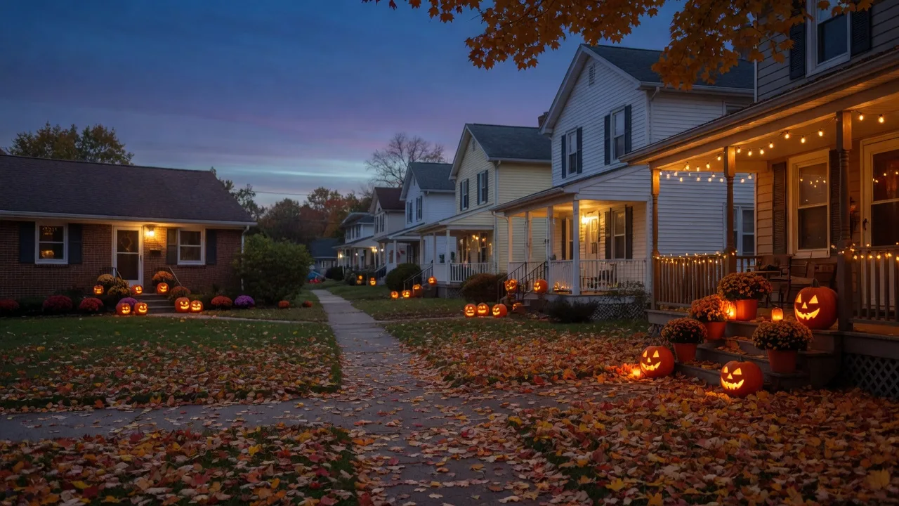 A quiet Michigan suburban street at dusk in October, with glowing jack-o-lanterns on front porches, fall mums, and a carpet of maple leaves
