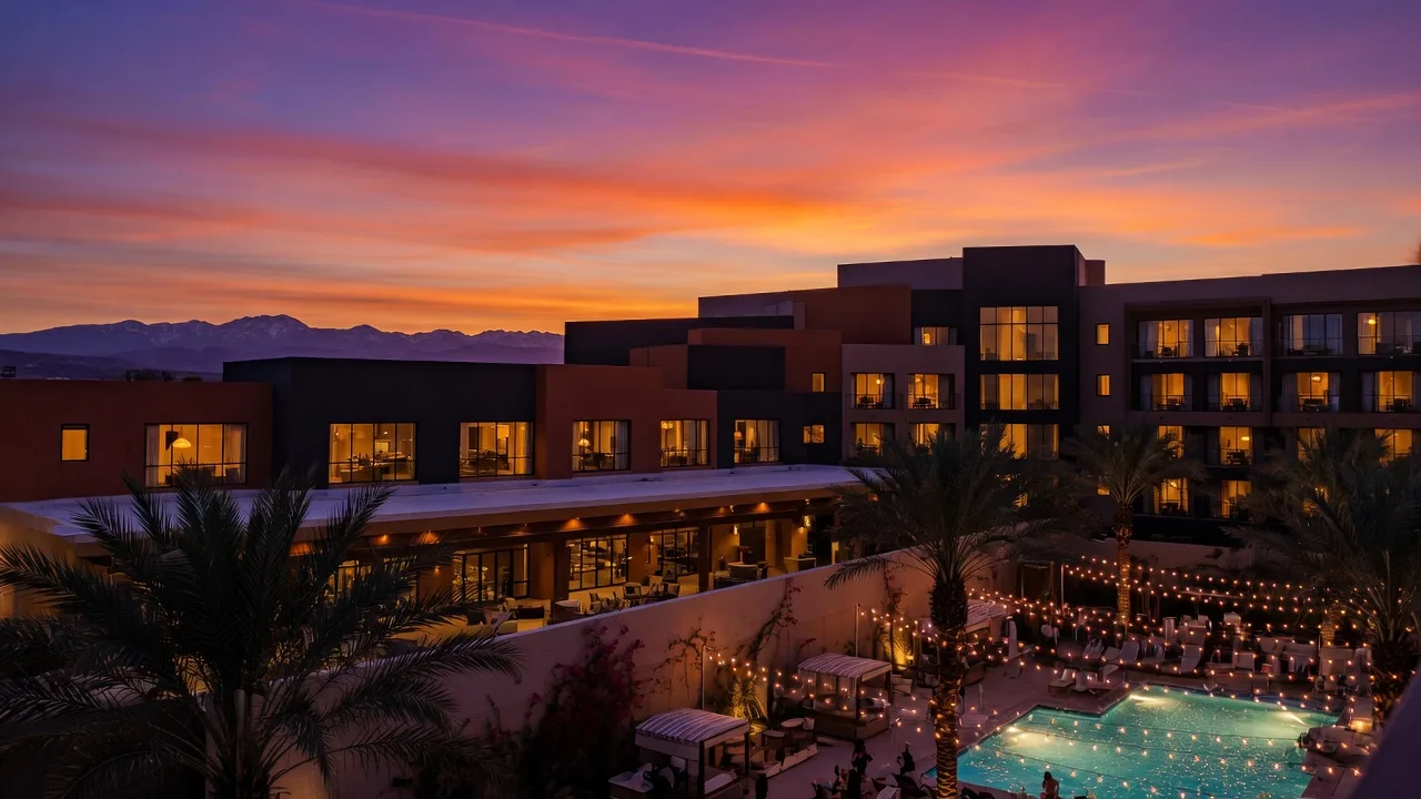 Durango Casino Resort at dusk with dramatic sunset sky, palm trees, and warm-lit architecture in Southwest Las Vegas