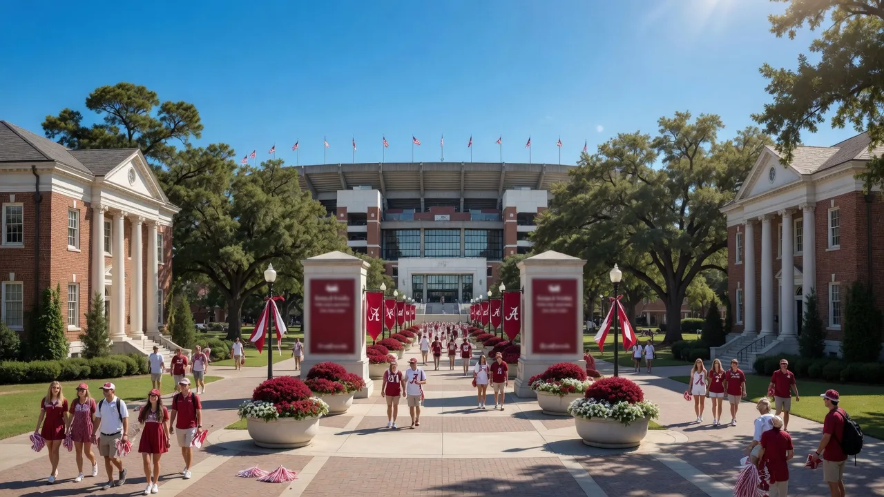 The University of Alabama campus with the Walk of Champions, Bryant-Denny Stadium, and stately oak trees on a sunny game day