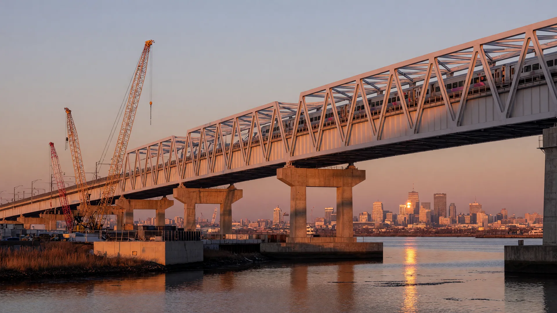 The new Portal North Bridge over the Hackensack River at golden hour, with an NJ Transit train crossing toward the Newark skyline and construction cranes on the embankment