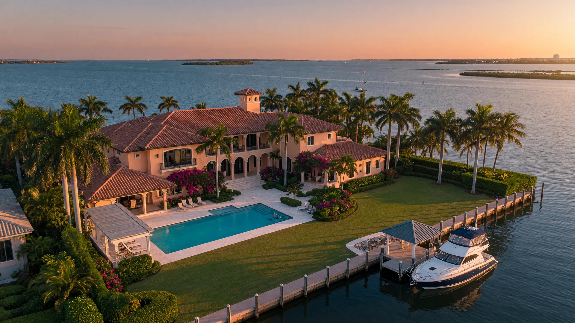 Aerial view of a luxury waterfront estate with pool and boat dock in Naples, Florida at golden hour