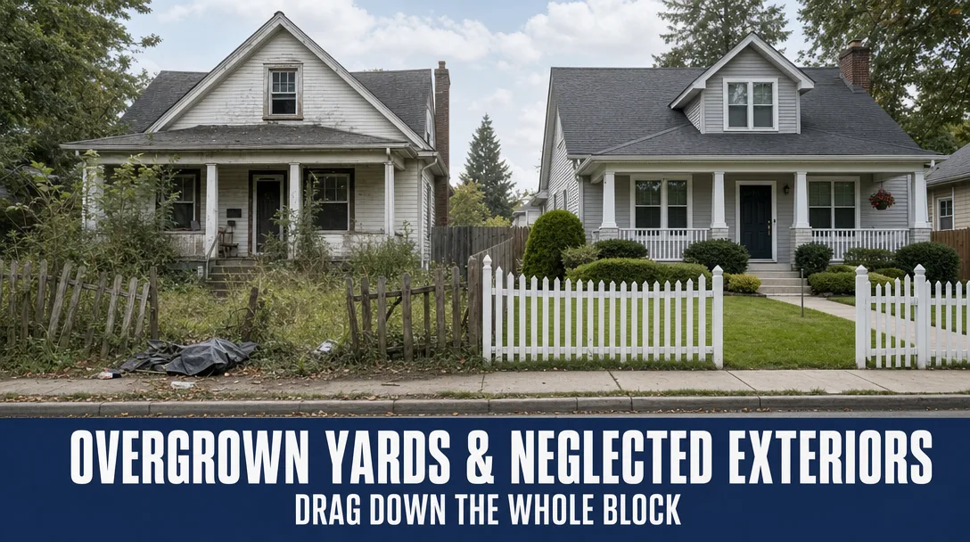 An overgrown yard and neglected home exterior on a residential street, an example of what can drag down a block’s curb appeal