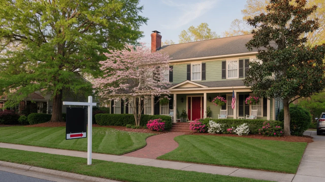 Beautiful suburban home in Georgia with a For Sale sign in the front yard, manicured lawn, and mature trees on a warm afternoon