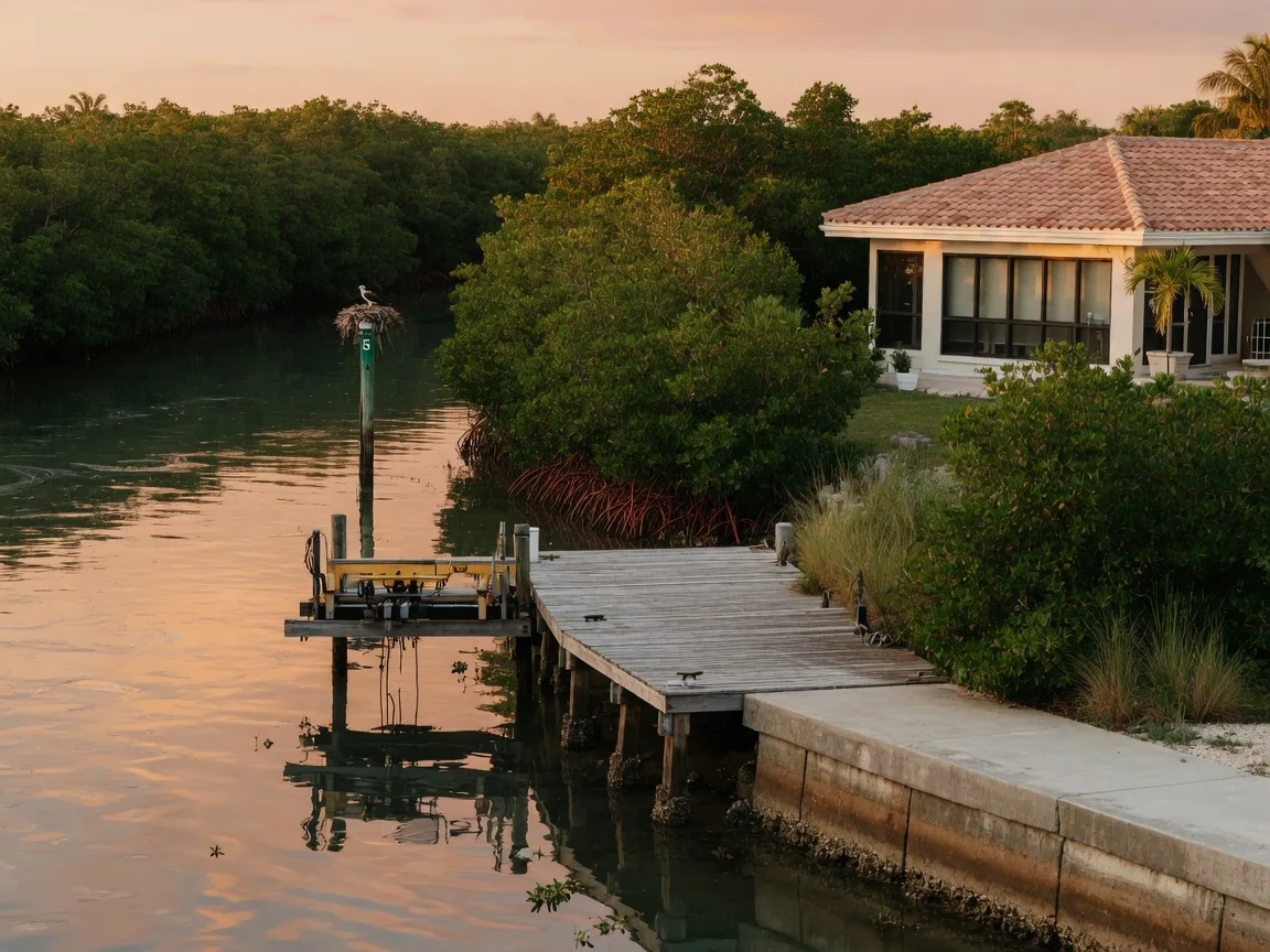 A Lower Florida Keys waterfront detail at golden hour: a concrete seawall and weathered teak dock with a boat lift over calm protected canal water, walled by mangroves with a distant osprey nest on a channel marker