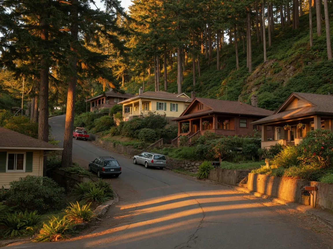 Mid-century and craftsman homes tucked into Douglas fir woods on a hillside Southwest Portland street at golden hour