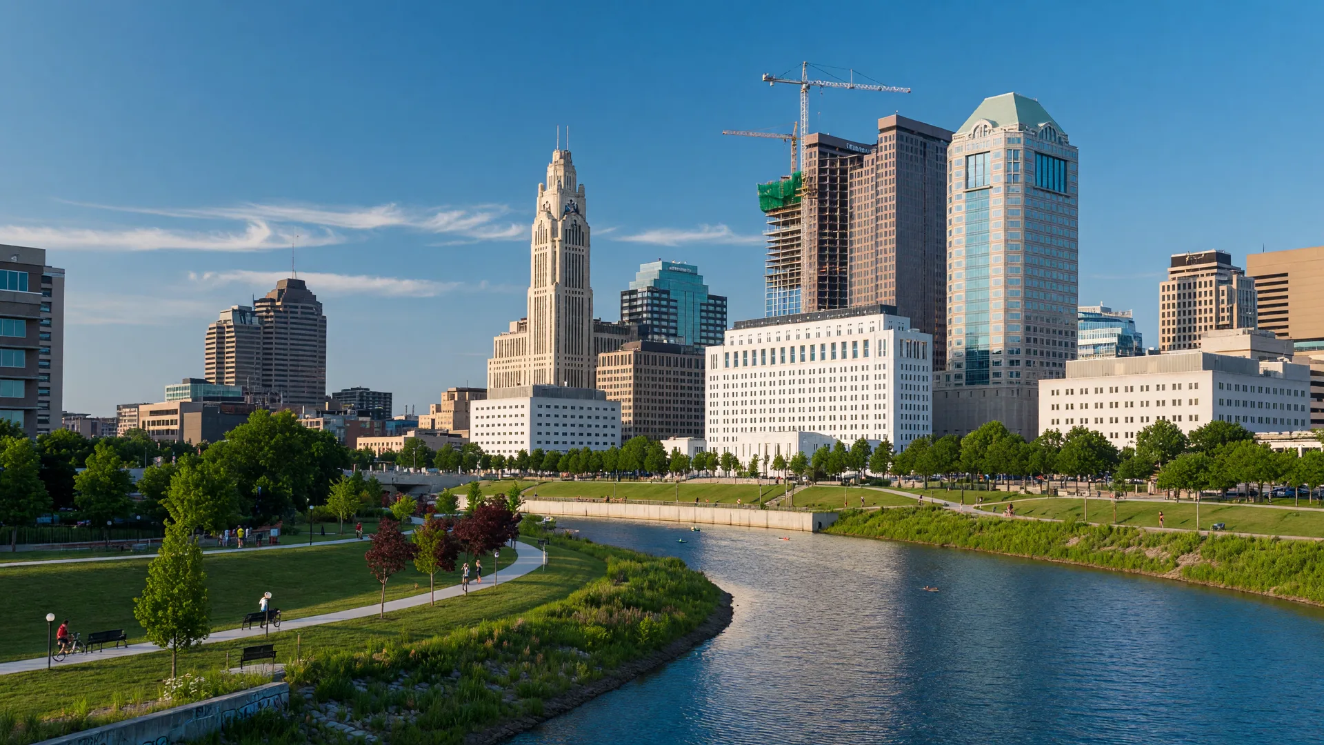 Bright late-afternoon view of the Columbus Ohio skyline with the Scioto River greenway in the foreground under a clear blue sky