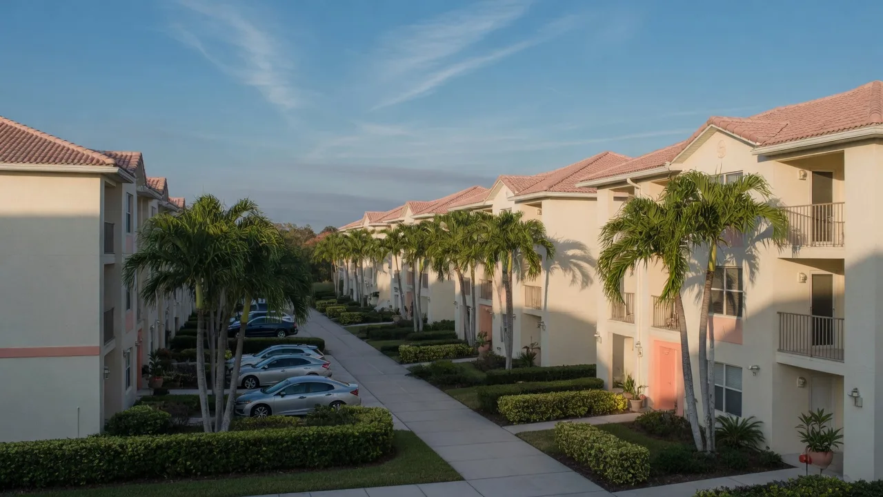 Entry-level townhome community in Southwest Florida with pale stucco buildings, barrel-tile roofs and royal palms on a sunny morning