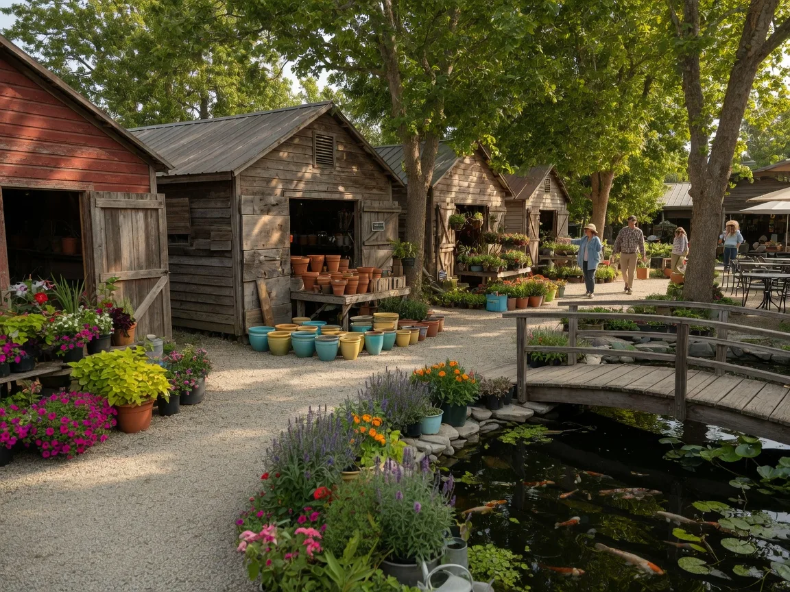 Historic wooden fruit sheds, potted plants, and a koi pond at High-Hand Nursery and Café in Loomis