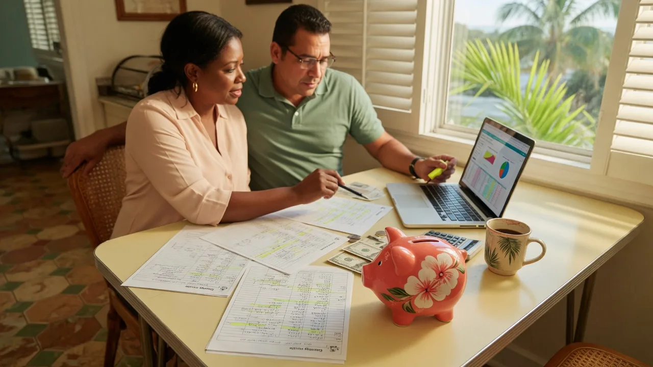 South Florida couple reviewing budget documents and savings at a kitchen table with a laptop, piggy bank, and coffee