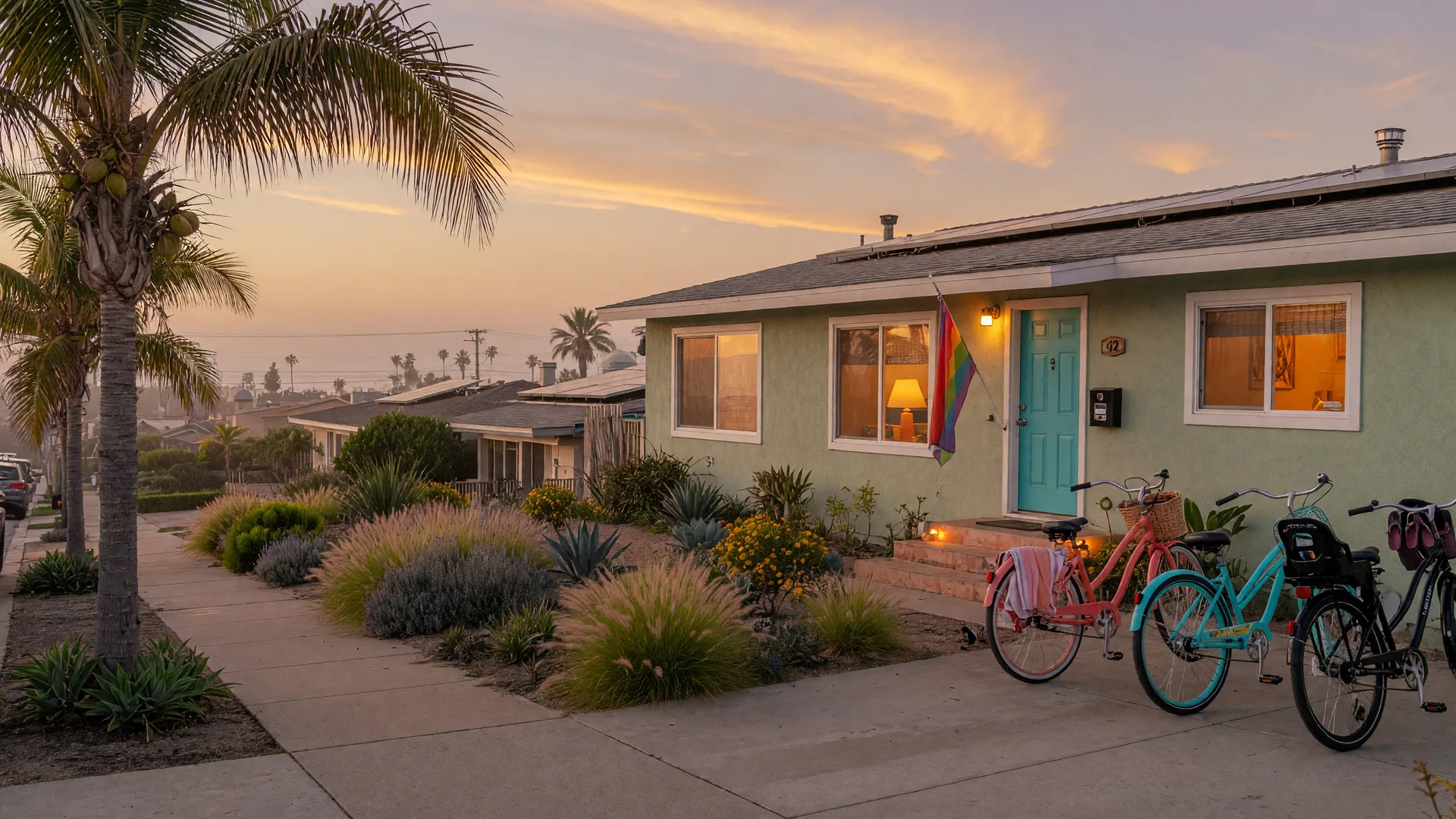 A coastal San Diego vacation rental home at golden hour with warm lights glowing from the windows