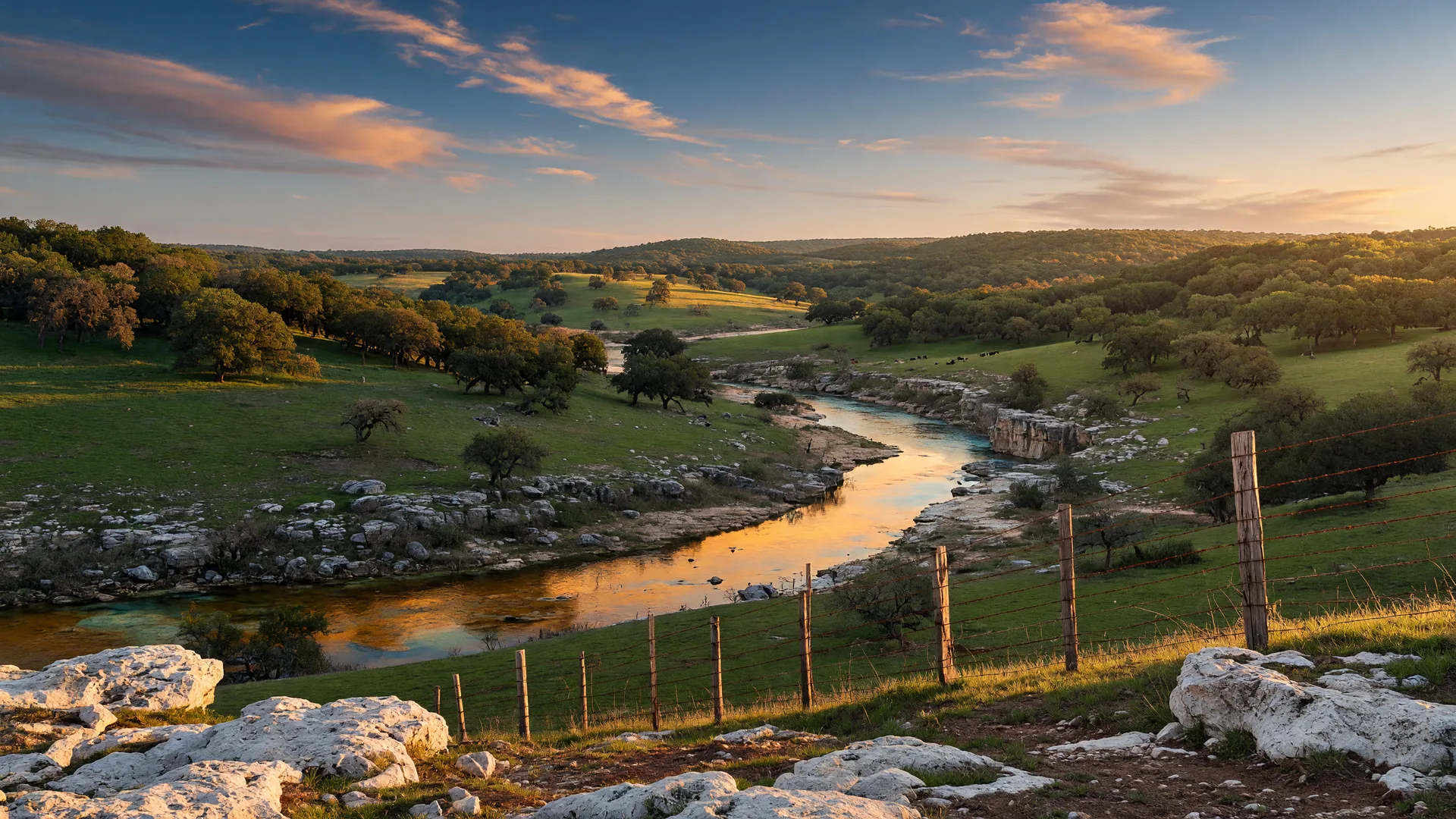 Texas Hill Country landscape at golden hour — rolling green hills, live oaks, a winding river, and limestone outcroppings under a deep blue sky