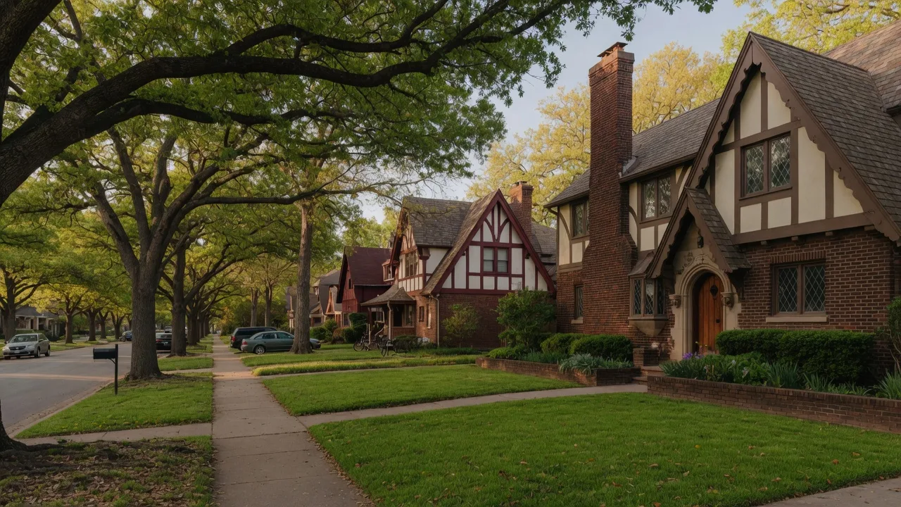 Tree-lined residential street in the M Streets neighborhood of East Dallas with Tudor Revival homes