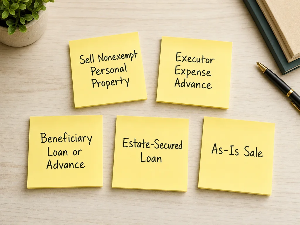 Five potential estate-liquidity paths: sell nonexempt personal property, executor expense advance, beneficiary loan or advance, estate-secured loan, and as-is sale