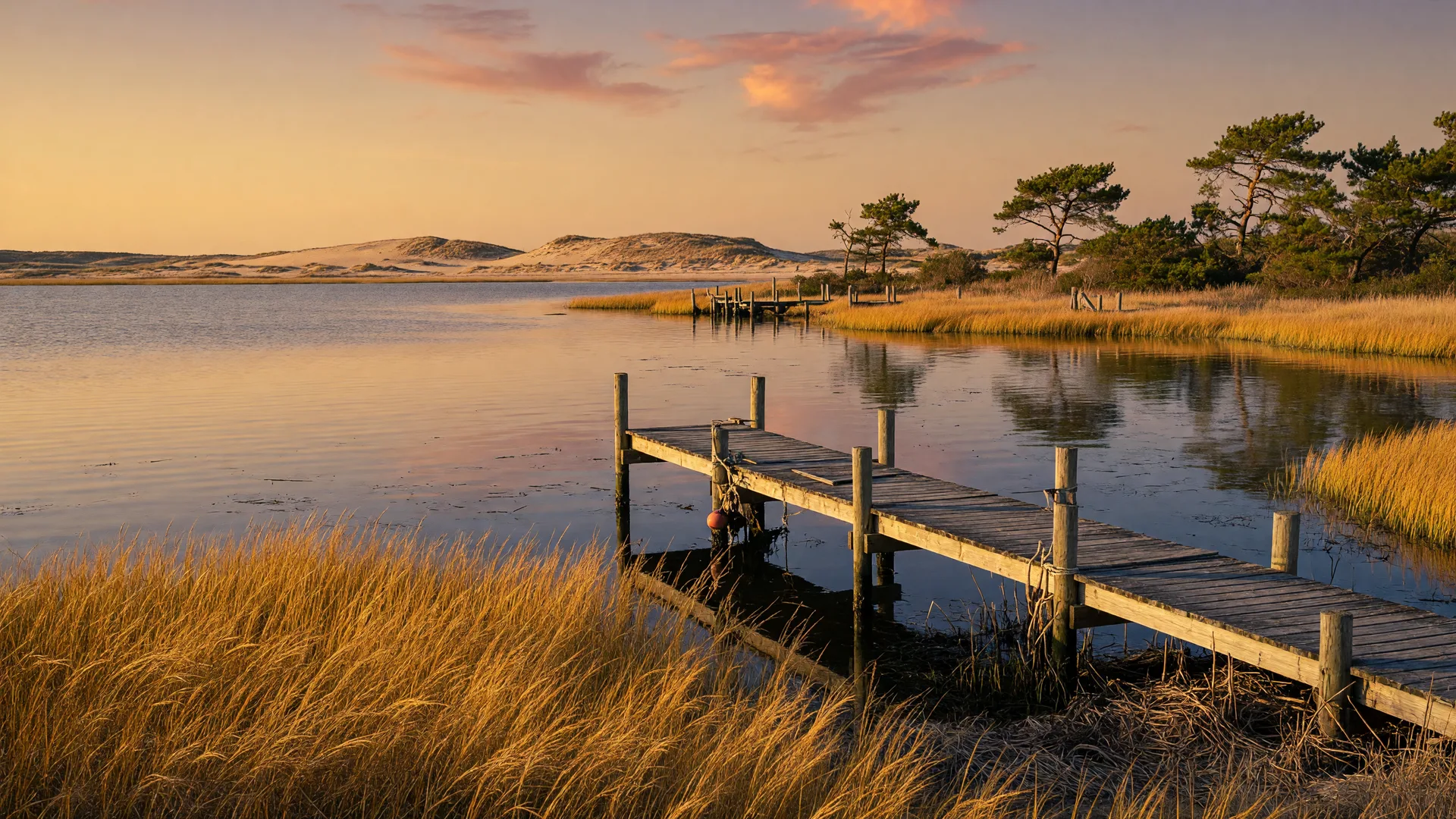 A golden-hour view across a South Jersey coastal bay, with marsh grass in the foreground and a wooden dock reaching toward the water