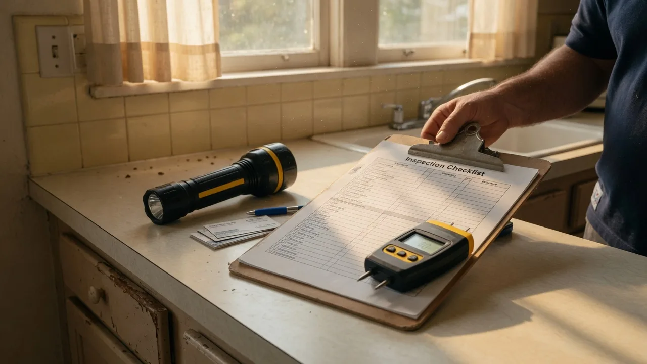 Home inspection tools on a kitchen counter in warm afternoon light