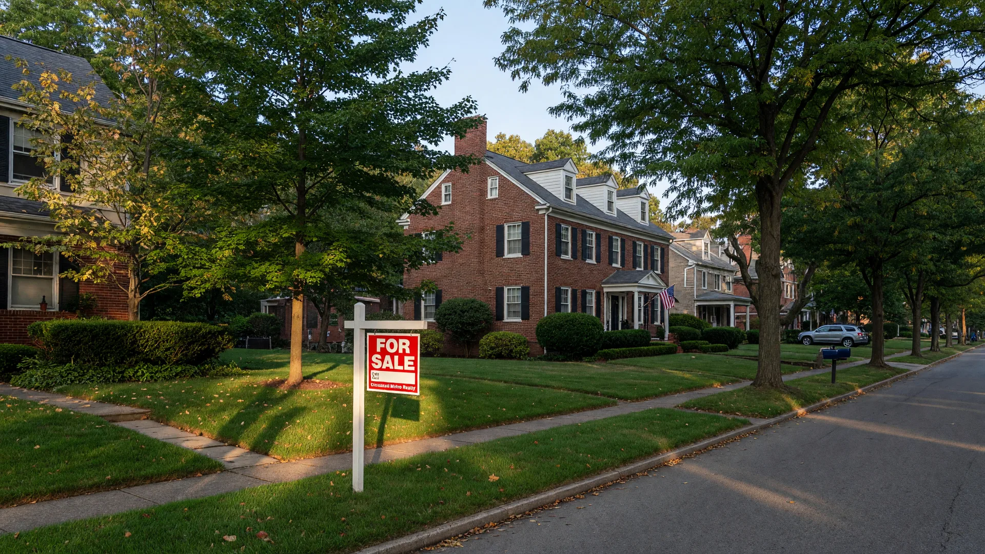 Tree-lined suburban street in the Cincinnati area with a For Sale sign on an early September morning