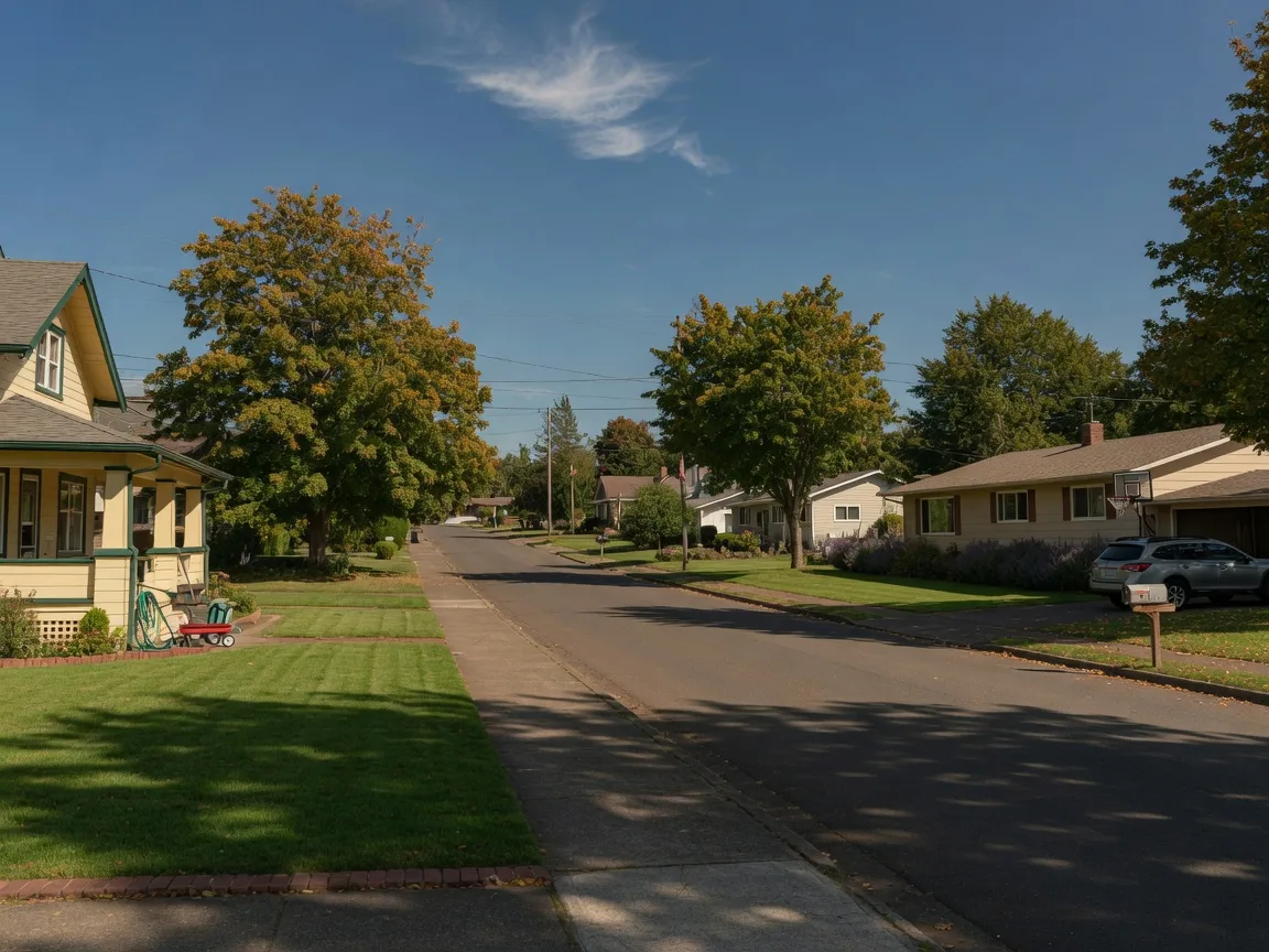 A quiet Sherwood residential street with well-kept craftsman and ranch homes, mature maples, and tidy lawns in warm afternoon light