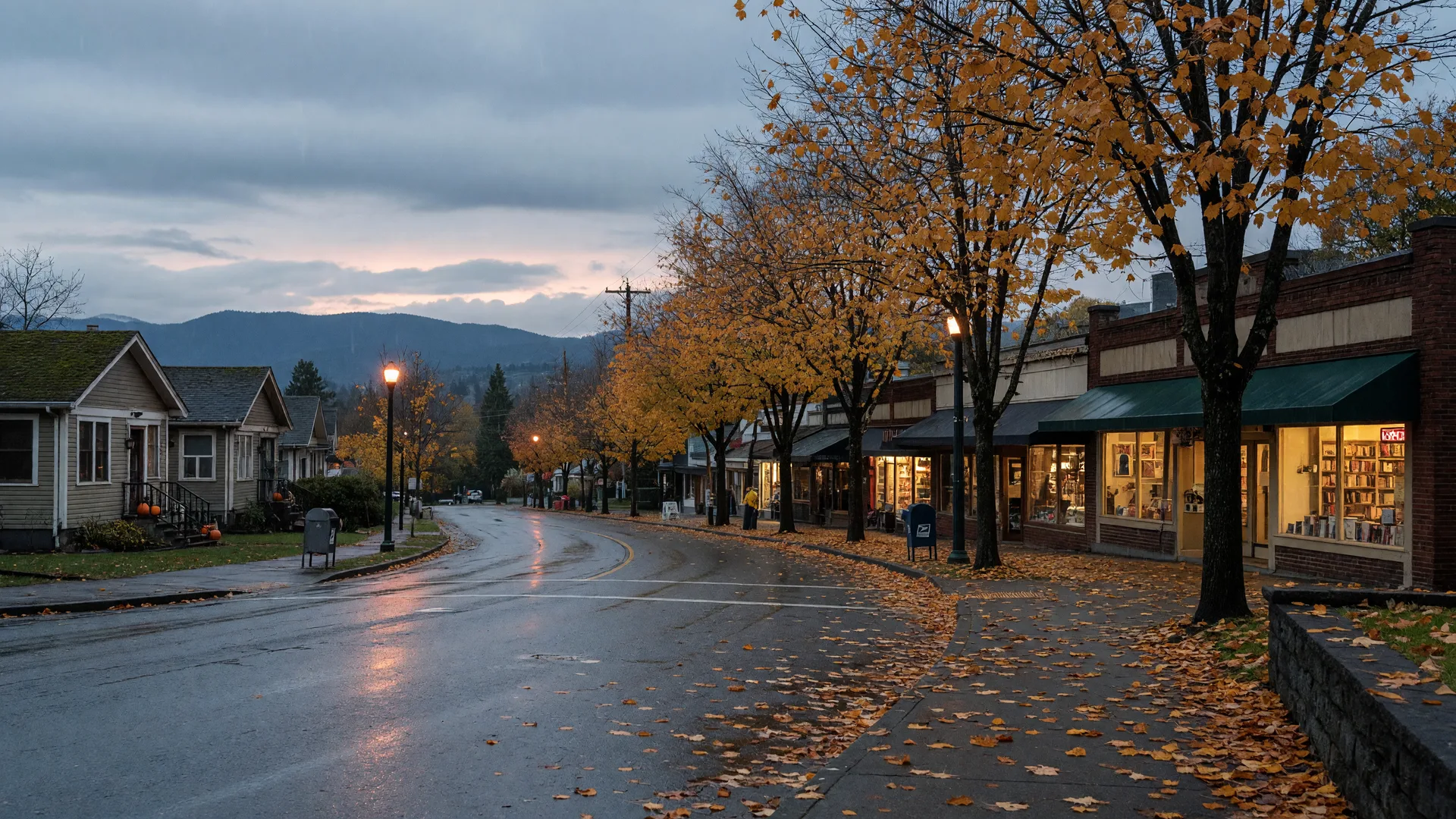 An autumn afternoon on a Pacific Northwest suburban street: golden maples and a village-style shopping center with warm storefront lights reflecting on rain-slick pavement