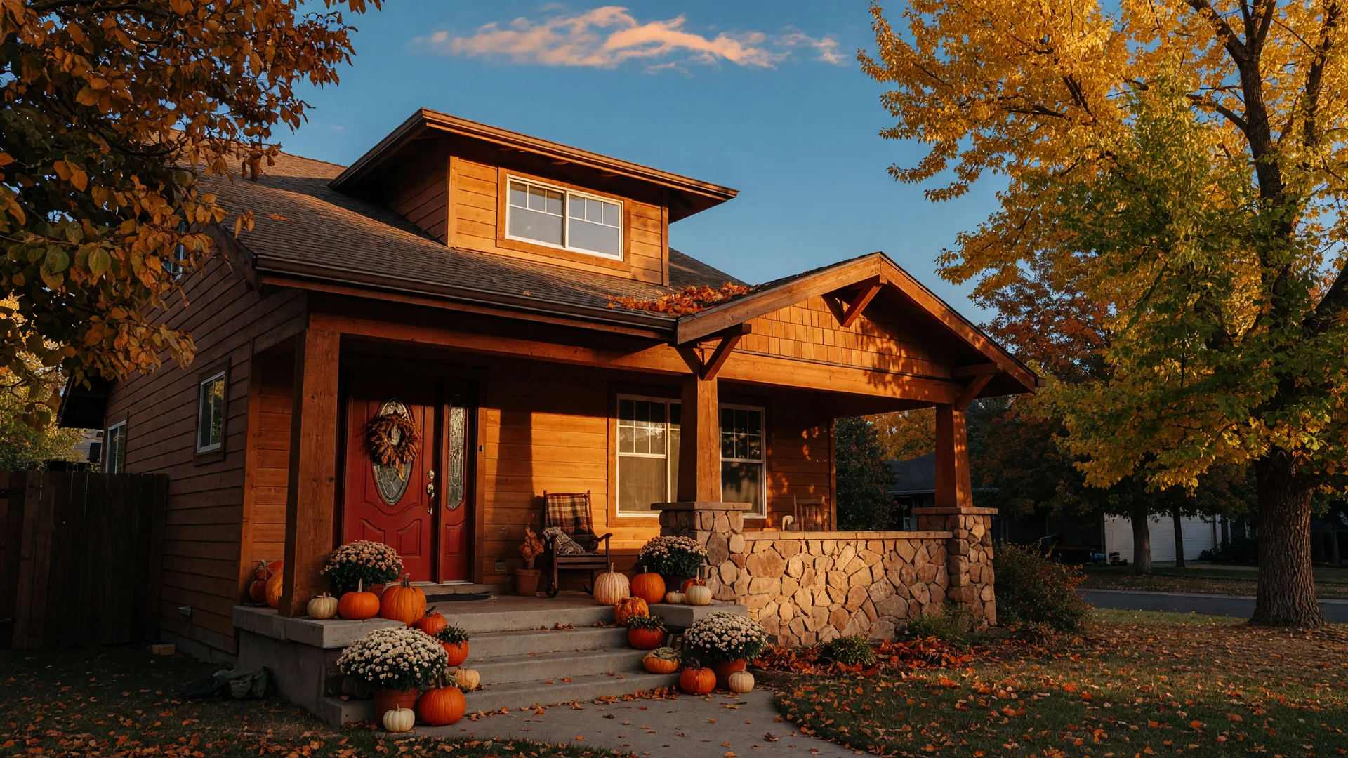 A warm craftsman home in the Tri-Cities with cedar siding, stone porch columns, and autumn mums in golden early-October light