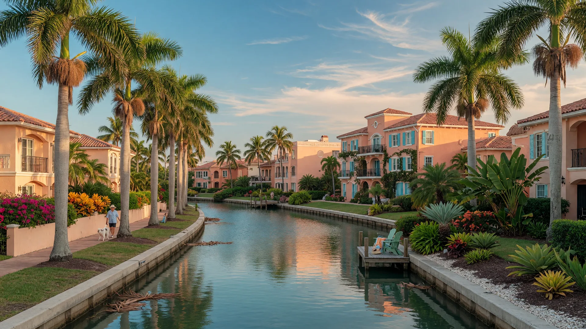 Tropical South Florida retirement community with palm trees, waterway, and Mediterranean-style villas on a sunny day