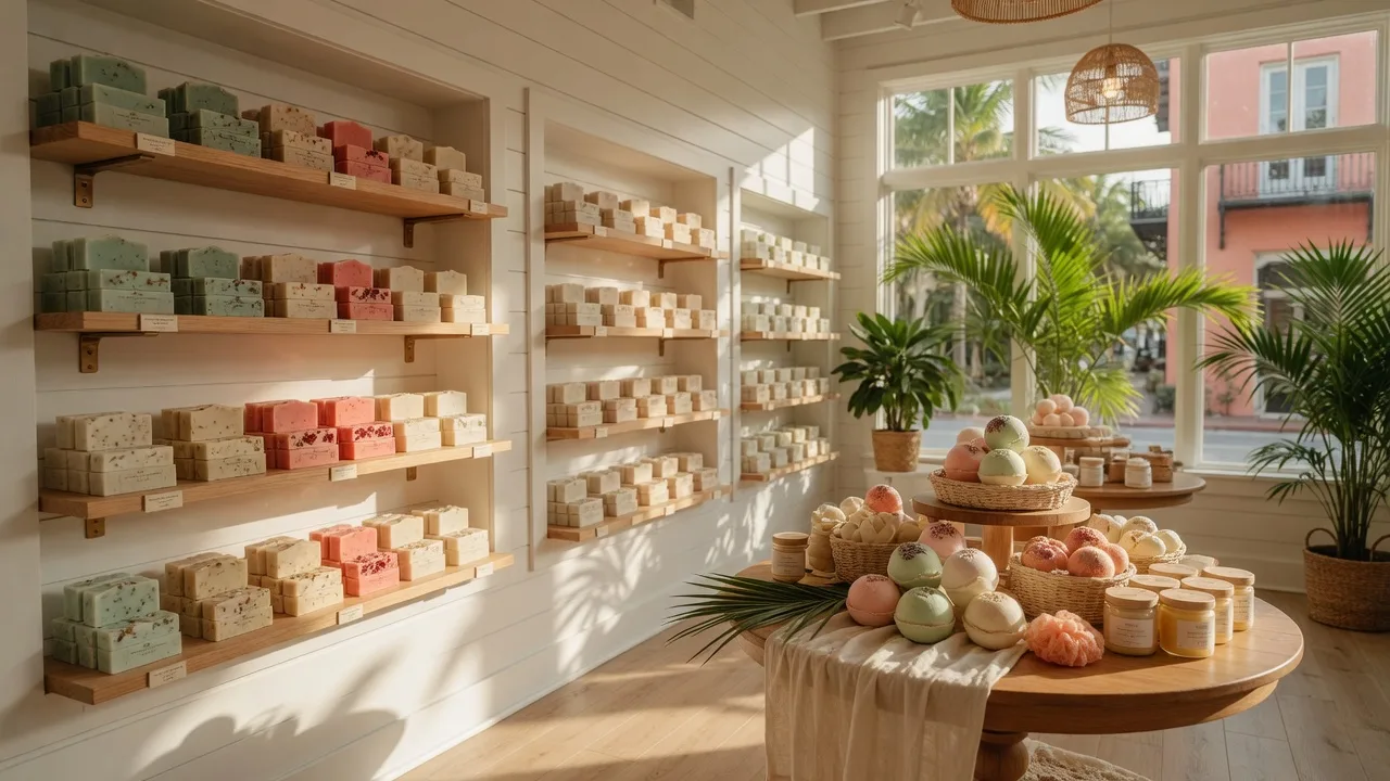 Bright interior of Naples Soap Company in downtown Naples, Florida with light wood shelving lined with handmade artisan soaps and bath products