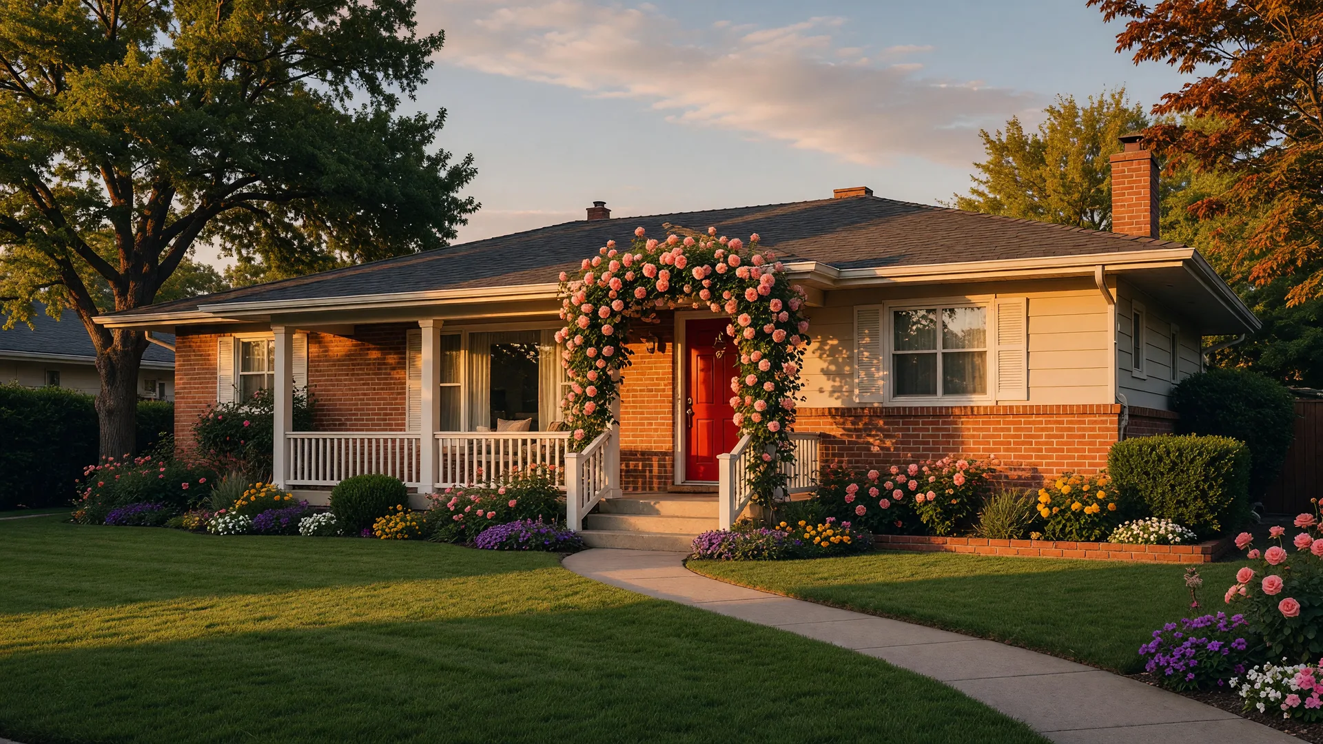 A well-tended ranch-style family home with a welcoming front porch, climbing roses, and mature shade trees in golden afternoon light