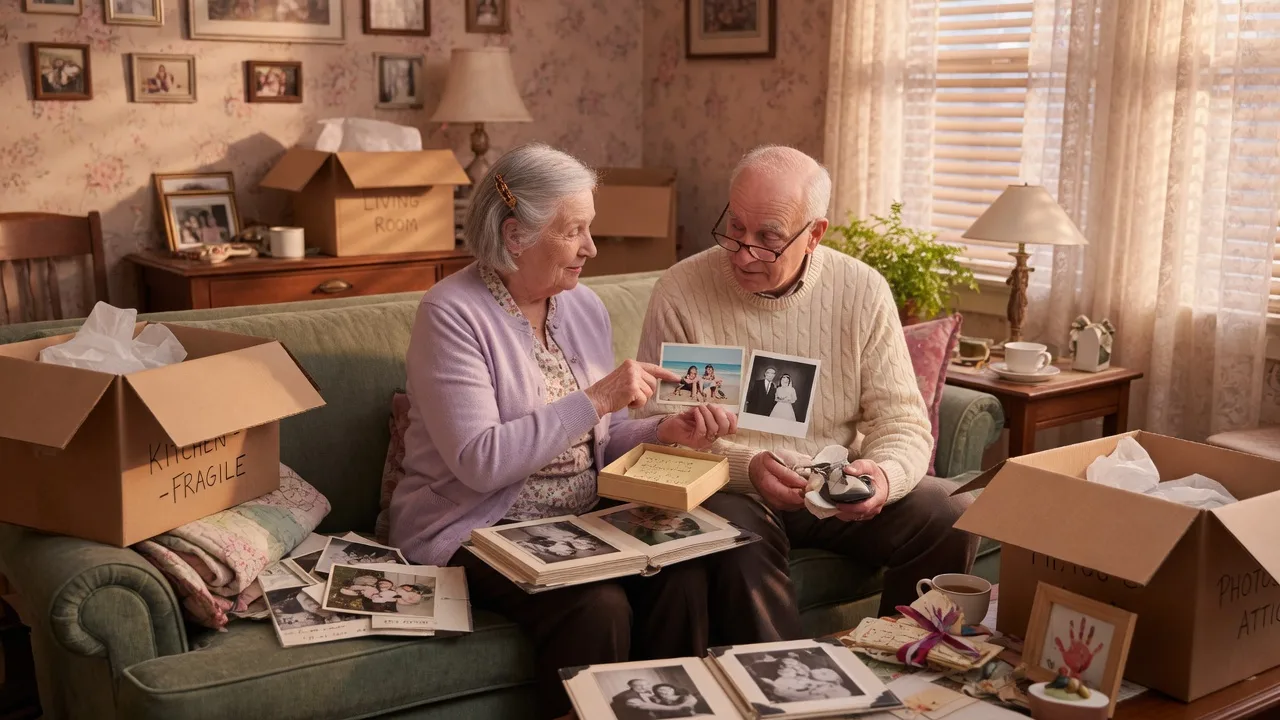 Senior couple sorting through family photos in a living room with moving boxes