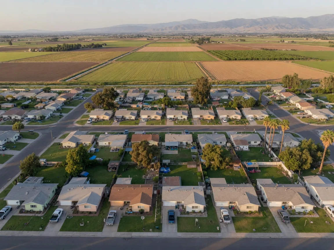 An aerial view of a quiet Merced County residential neighborhood with neat rows of ranch and tract homes, green lawns, oak and palm trees, farmland, and the distant Sierra Nevada foothills