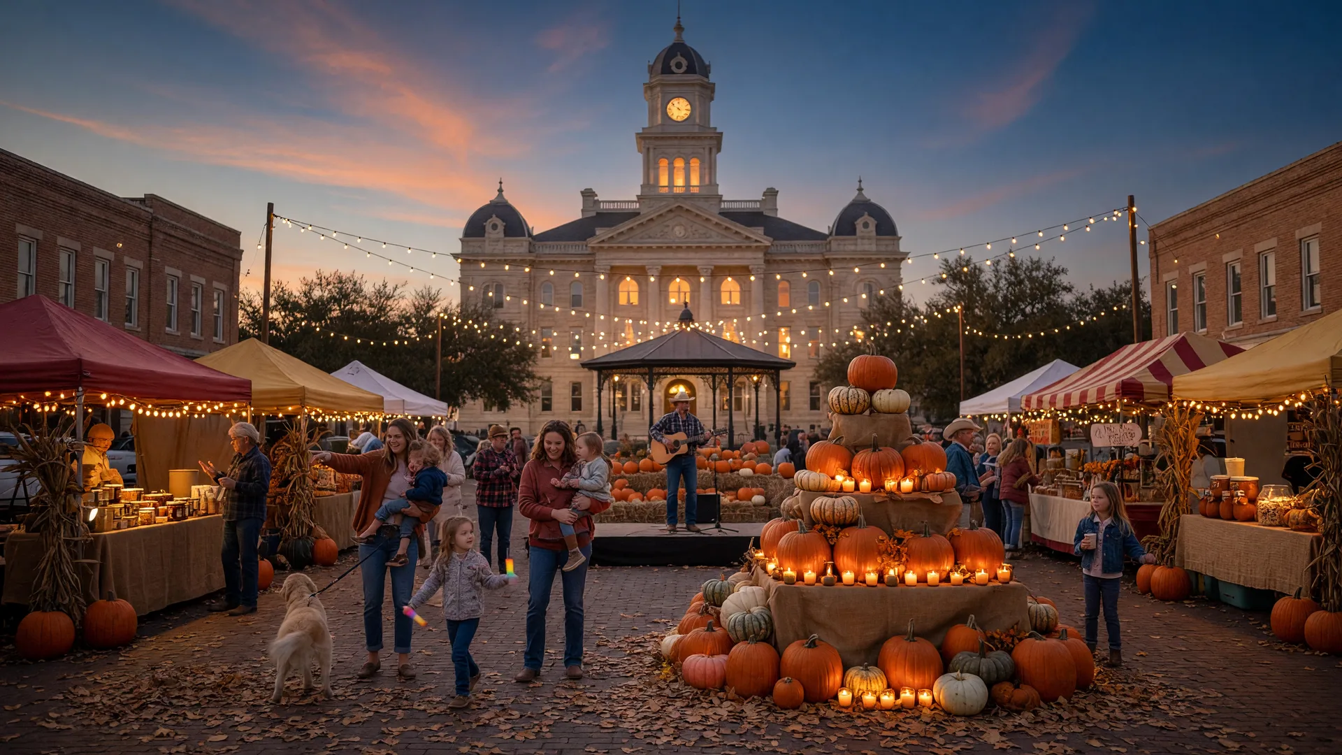 Fall festival scene on a historic small-town Texas courthouse square at golden hour with pumpkin displays, string lights, and families enjoying the evening