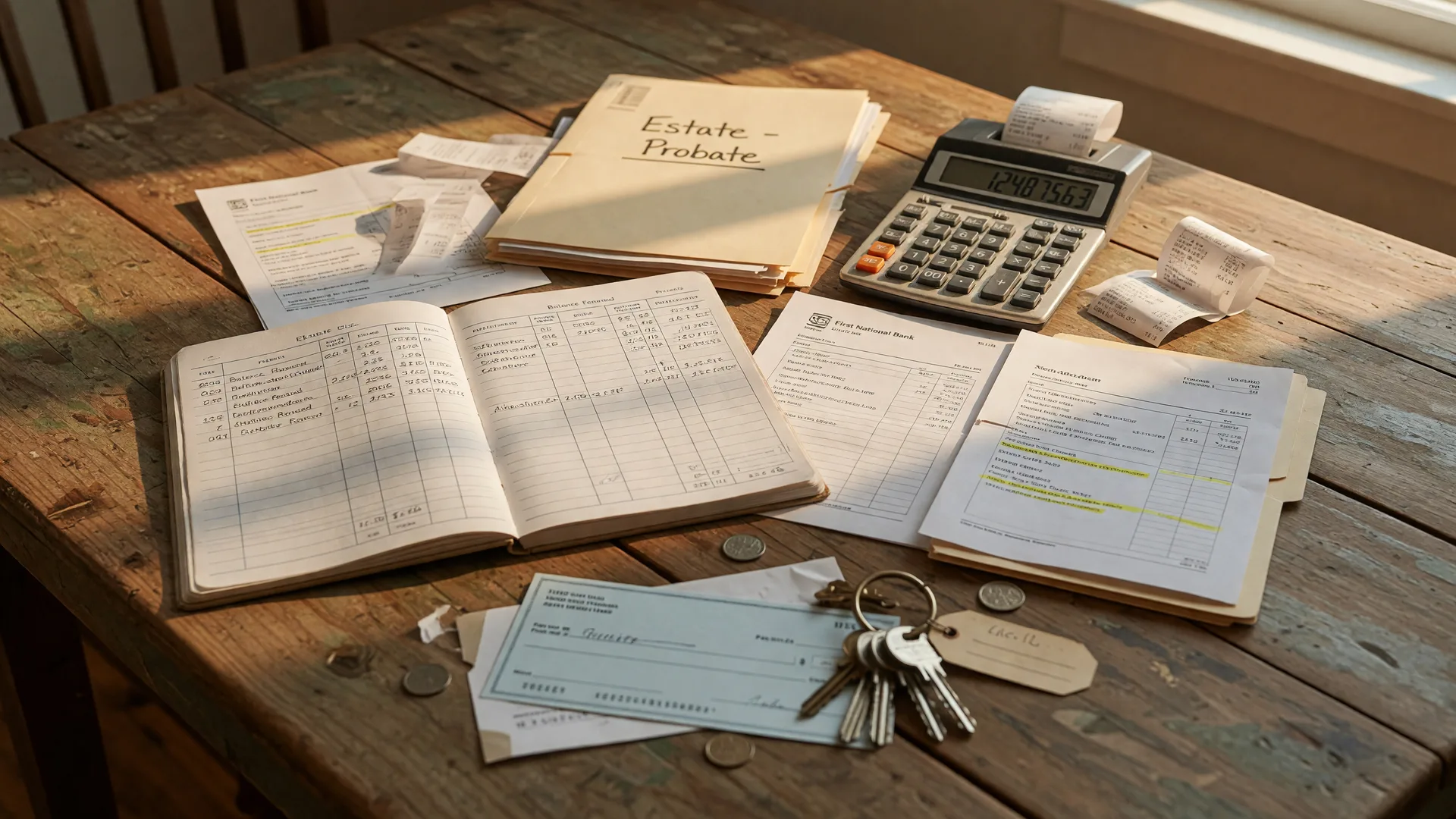 Financial ledger, bank statement, calculator, check and house keys on a weathered wooden farmhouse table, representing the estate settlement and heir distribution process