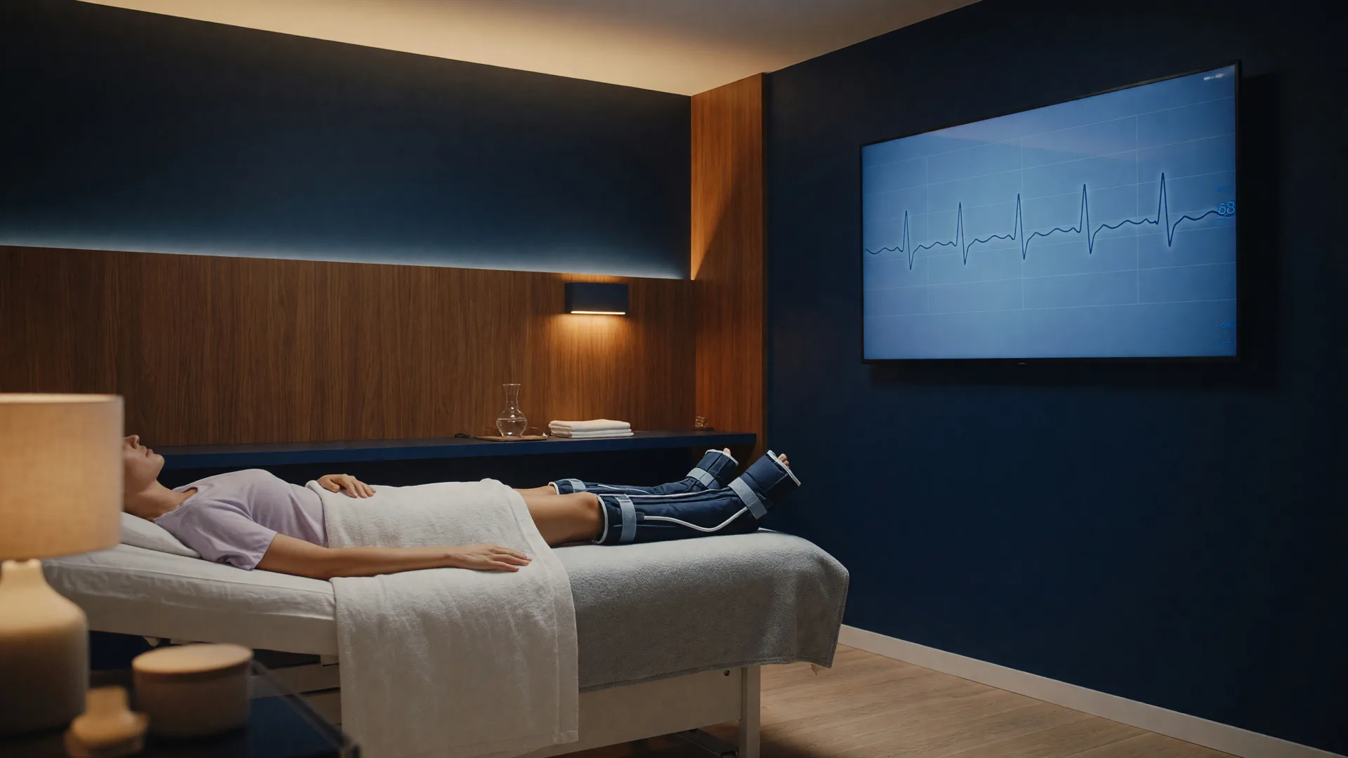 A calm EECP treatment room at Thrive EECP in Draper with a heart-rate monitor on the wall