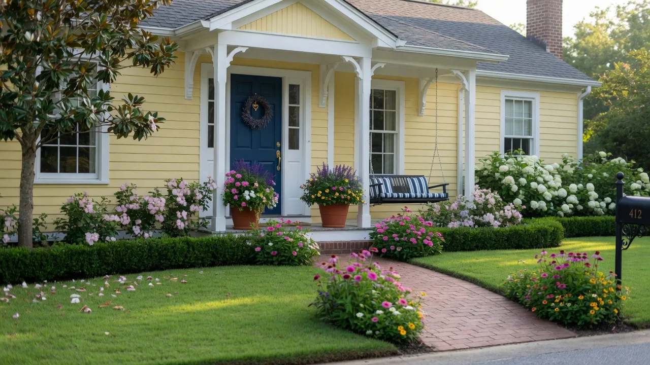 Charming Southern home exterior with navy front door, potted plants, manicured landscaping, and welcoming front porch