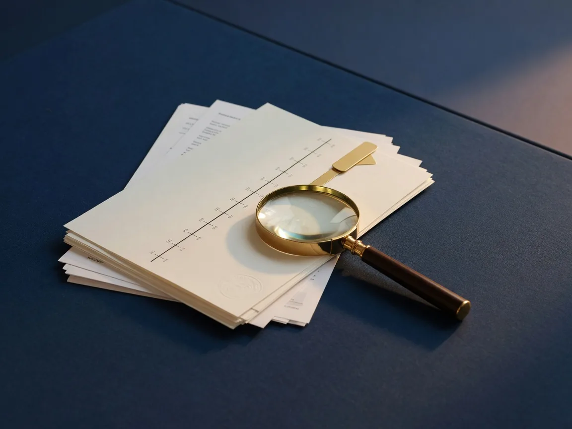 A stack of decision documents with a gold timeline tab and a magnifying glass on a deep navy desk
